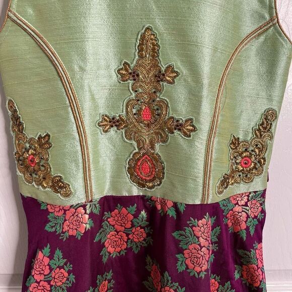 Womens Kanchipuram Silk Gown 38 Green Purple Brocade Sleeve Crinoline Formal - Picture 10 of 10